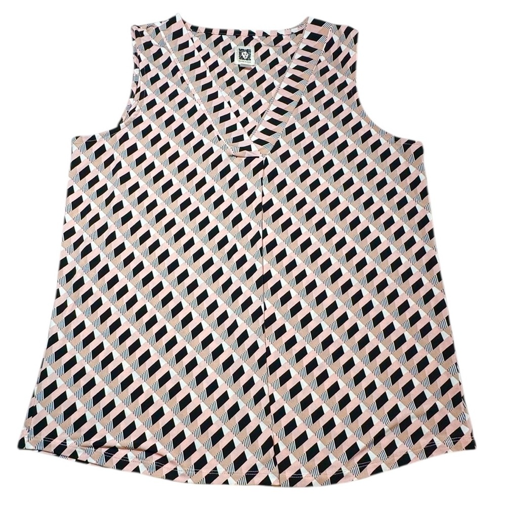 Anne Klein Sleeveless V-Neck Pink Cream Black Geometric Ity-Knit Top Size M - Picture 2 of 16